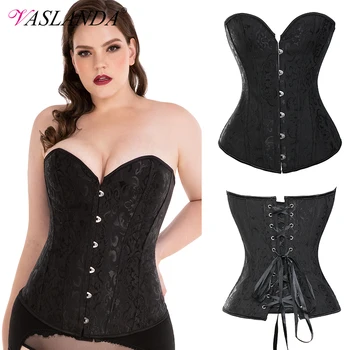 

VASLANDA Women's Lace Up Boned Corset Brocade Overbust Bustier Top Steampunk Vintage Costume Waist Cincher Hourglass Bodyshaper