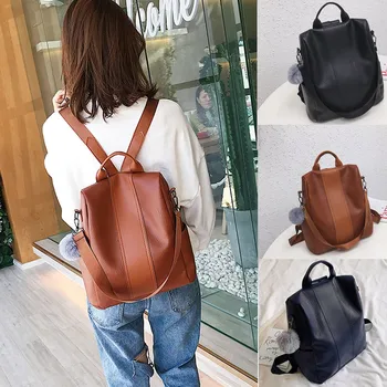 

Fashion Women's Backpack Outdoor Travel Softback Simple Zipper Leather Rucksack Contrast Color Backpacks Travel Bag For School