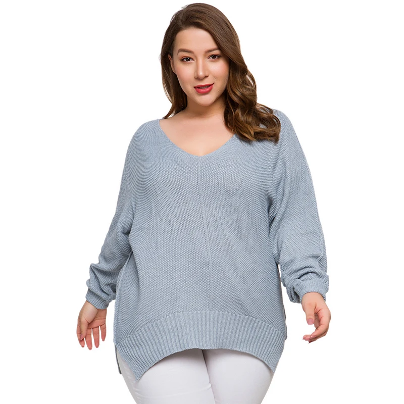 

Sholina Plus Size V Neck Loose Sweaters Split Oversize Solid Tops Autumn Winter Knitted Pullover Jumpers Big Size Sweater Femme