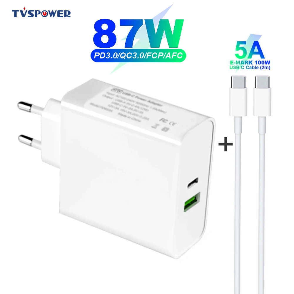 US $20.74 USBC PD 87W Power Adapter1Port PD87W65W Wall Charger Laptop Adapter For MacBook IPad ProUSB A 24A For Samsung IPhone Huawei