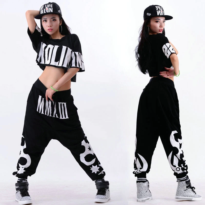 Fantasia feminina de manga curta, traje hip hop preto solto, calças ...