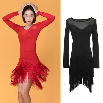 

Latin Dress Adult Long Sleeve Three-Layer Tassel Practice Clothes Women Rumba Samba Salsa Cha Cha Dance Performance Wear DN4939