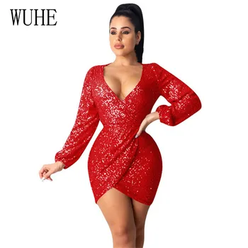 

WUHE V Neck Glitter Sequined Sexy Dress Lady Hollow Out Long Sleeve Mini Dress Women Golden Sequins Bodycon Formal Party Dresses