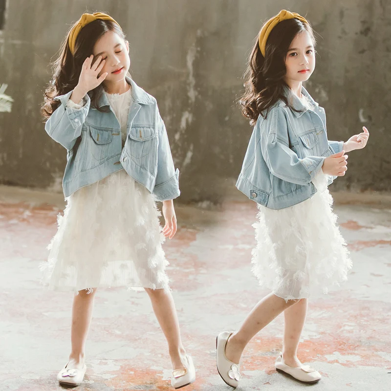 Комплекты одежды для девочек детская одежда Изысканные детские наряды осенне-осенняя джинсовая куртка+ платье для подростков от 2 до 13 лет
