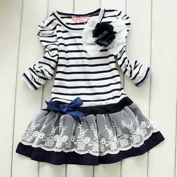 

Autumn Girl Fashion Striped Dress Long-sleeved Flowers Dark Blue Brown Children's Clothes Girl Dress