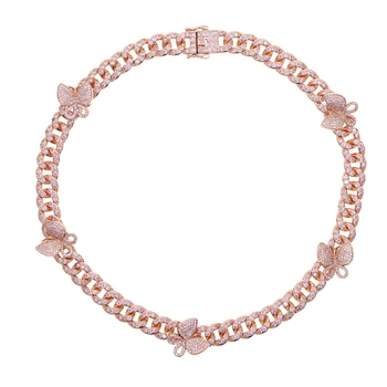 

New bling bling 5A cz pave cuban chain choker necklace with pink white butterfly charm paved choker necklace jewelry for hip hop