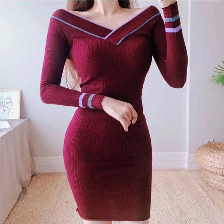 

Dress 2019 Autumn And Winter New Products WOMEN'S Dress Elegant V-neck Stripes Knitted Slim Fit Dehaired Angora Sweater Pencil S
