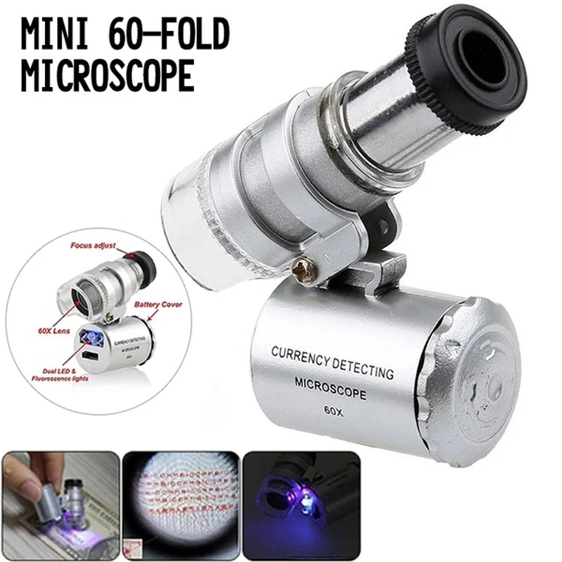 

60X Mini Microscope Jeweler Loupe Lens Illuminated Magnifier Glass 3 LED with UV Light Lens Loupe Led Light