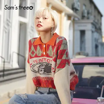 

SAM'S TREE Green Colorblock Argyle Print Knit Pullovers Women Sweaters 2020 Winter Orange Polo Collar Casual Ladies Daily Tops
