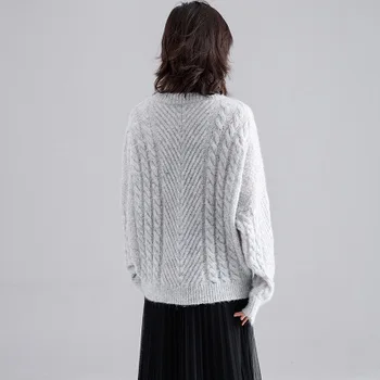 

2020 women Openwork knit blouse female sleeve autumn new mohair round neck loose thick outer sweater