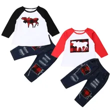 Новая Рождественская Детская футболка с оленем для маленьких мальчиков длинные джинсовые штаны, одежда осень-зима