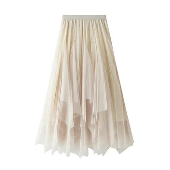 

Spring Fashion Women's High Waist Pleated Solid Color Half Length Elastic Irregular Mesh Tutu Skirt