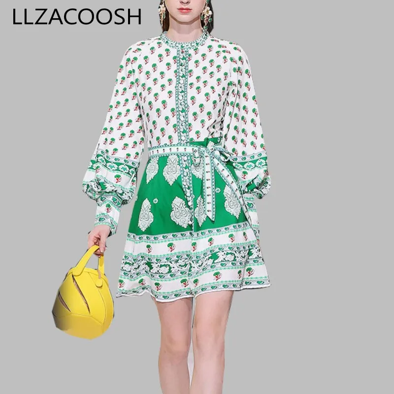 

2019 Autumn New fashion women clothes O-Neck vintage Vacation lantern sleeves Green Floral Print Boho Mini Dress