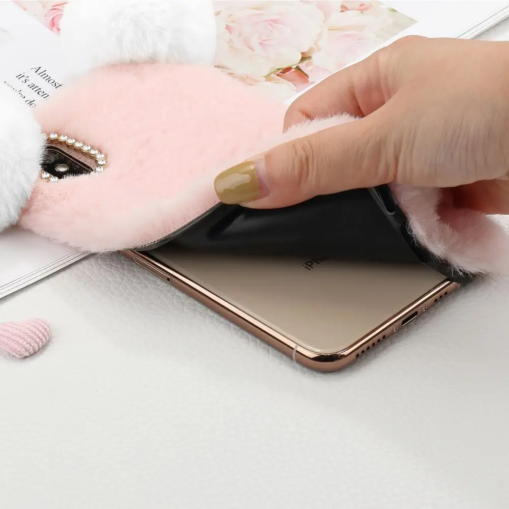 LLZ.COQUE чехол с кроликом пандой из черного меха для samsung A3 A5 A6 A8 J3 J4 J5 J6 PLUS пушистый мягкий ТПУ чехол для телефона Galaxy