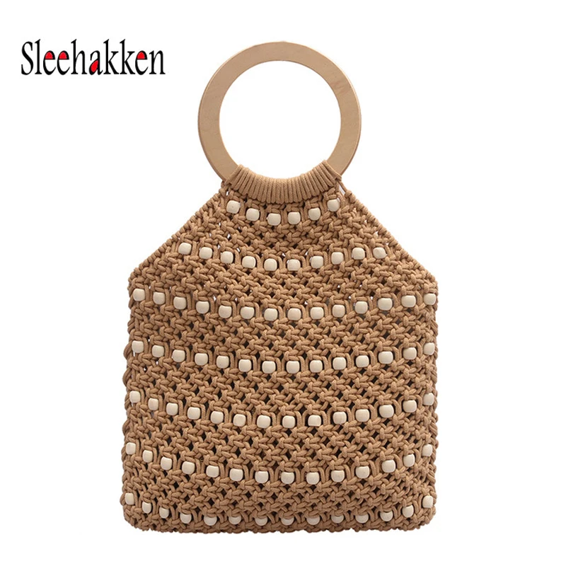 

Handmade Coarse cotton Solid wood round handle travel beach fishing net handbag shopping woven shoulder bag bags for women 2019