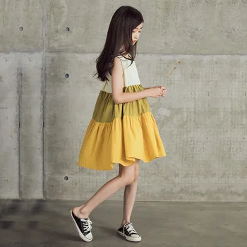 

2020 summer Korean casual patchwork colorful pleated sleeveless baby girl cotton princess dress teen girl kid children clothes