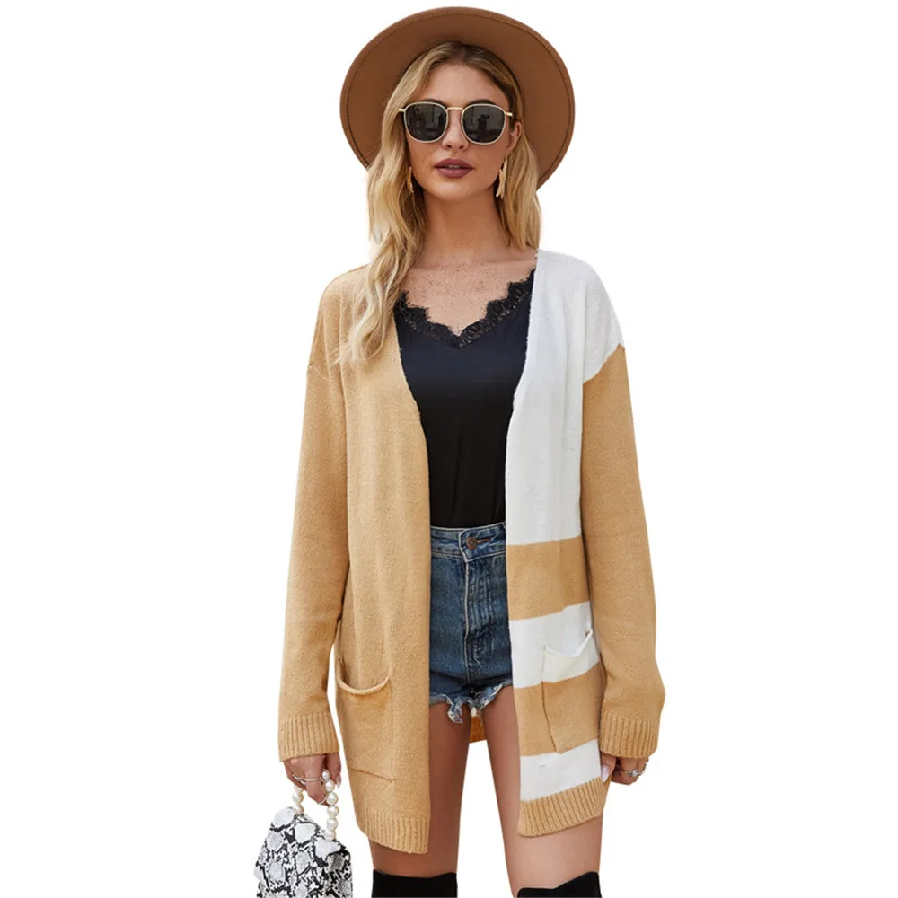 

Long-Sleeved Loose Sweater Coats Striped Contrast Mid-Length Knitted Cardigan V-Neck Full Sleeve Pocket Knit Cardigan Jacket Top