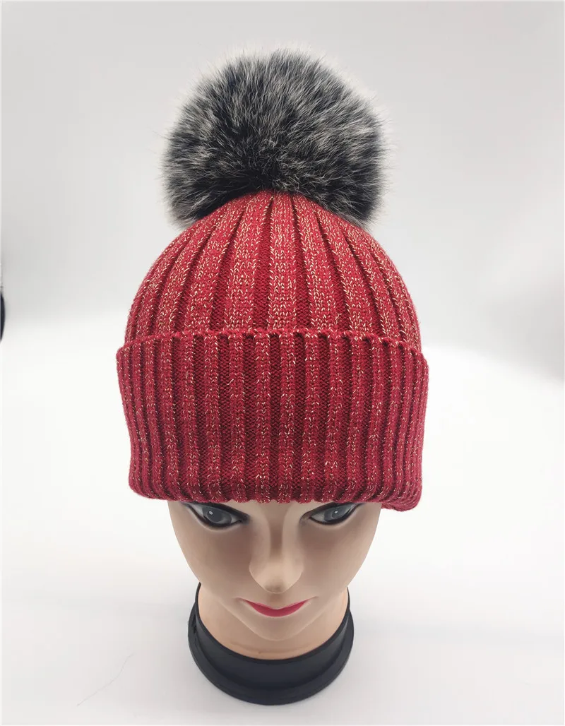 Новинка, Зимняя женская повседневная шерстяная вязаная шапка Skullies, шапка с натуральным мехом, помпоны, шапочки, шапка, шапка Gorros - Color: Black Fox pompom