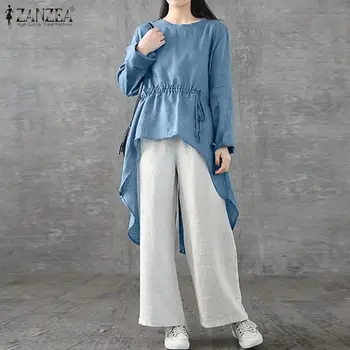 

ZANZEA Stylish Asymmetrical Blouse Women Long Sleeve High Low Shirt Casual Solid Cotton Linen Tops Female Blusas Chemise Tunic