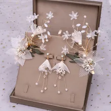 FORSEVEN свадебный ювелирный набор цветочный марлевая тесьма цветок свадебные шпильки серьги женские свадебные аксессуары для волос JL