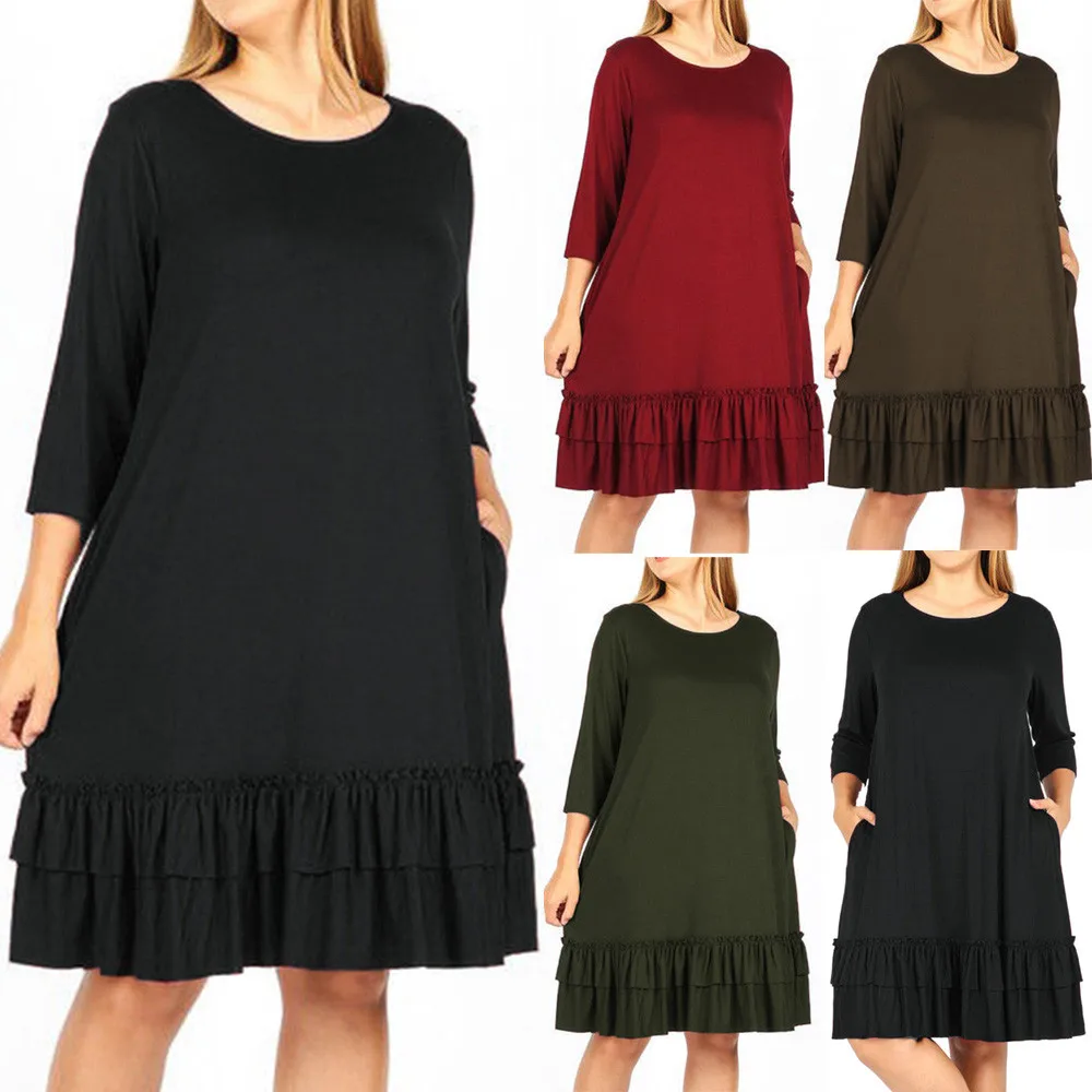 Womail, платья размера плюс, женская мода, Vestidos, три четверти, каскадные, с рюшами, о-образный вырез, прямое, до колена, платье JL25 Vestidos