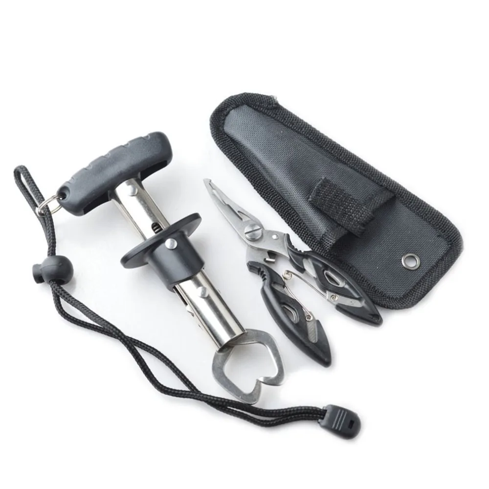 Fish Lip Grabber Gripper Set Grip Holder Tool Stainless Steel Fishing Gear with Wrist Strap and Black Clamp