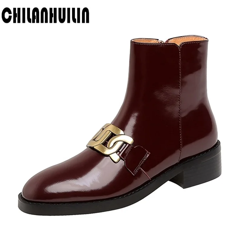 

punk chains ankle boots for women soft cow leather autumn boots gothic mid heel zip metal decoration fashion black brown botas