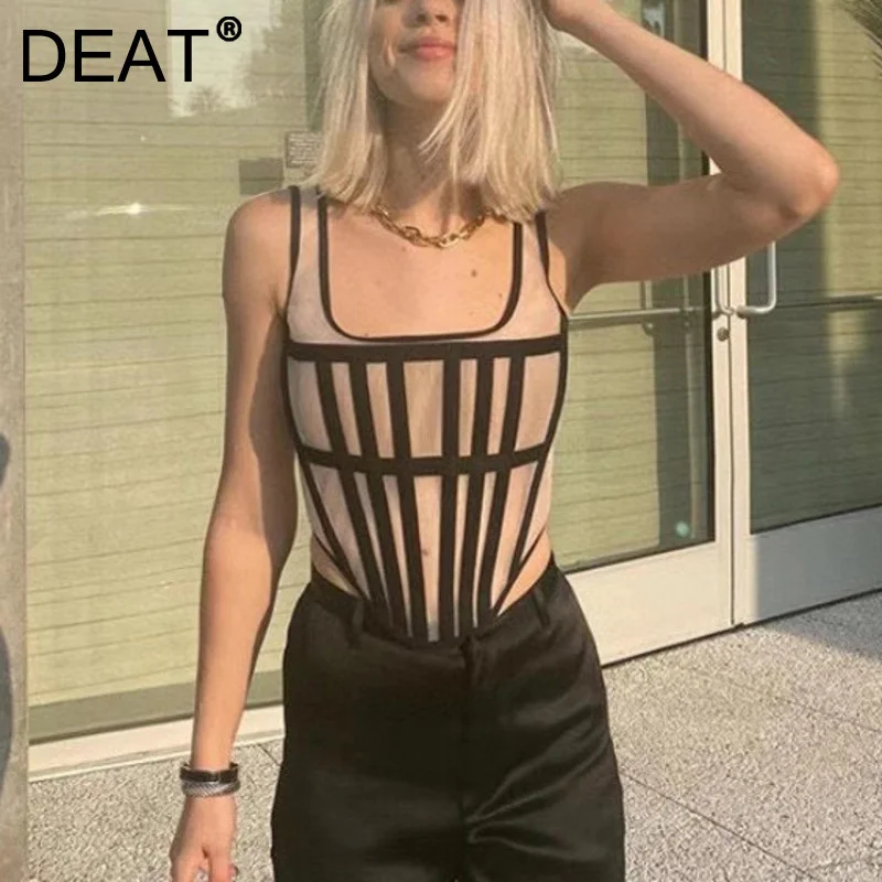 [DEAT] senza maniche a lisca di pesce modellante gilet a righe Y2k vestiti  Cyber Goth Sexy Bf camicia abbigliamento donna top 2022 estate GX687|Camis|  - AliExpress