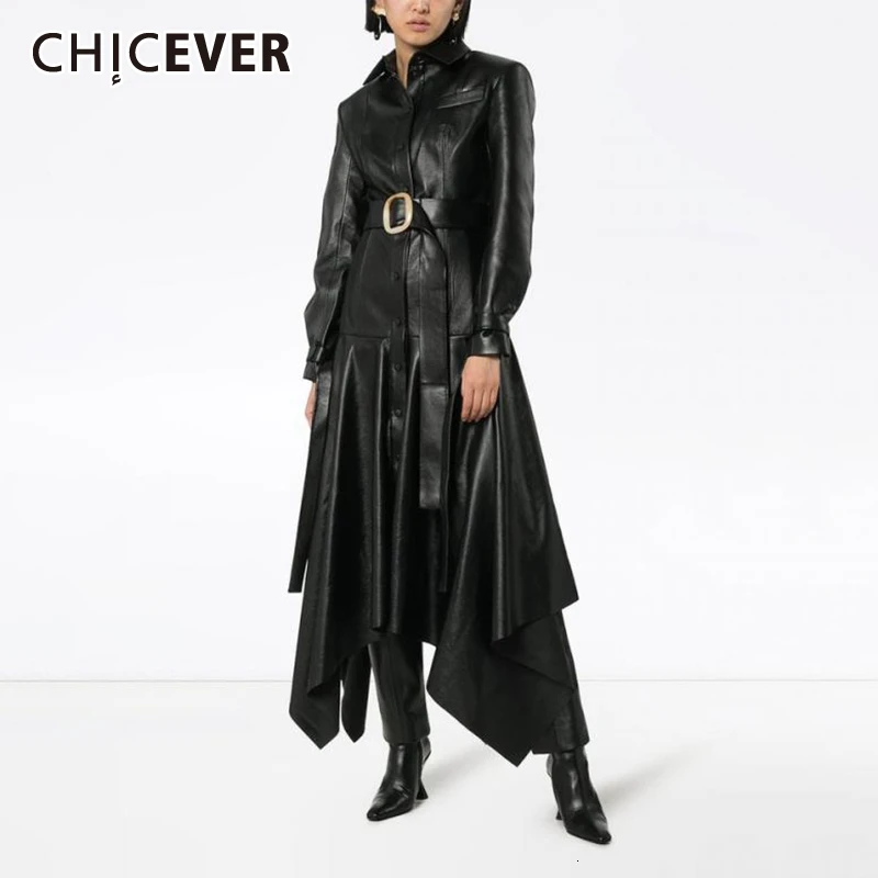 

CHICEVER PU Leather Asymmetrical Women's Jacket Lapel Collar Long Sleeve High Waist Sashes Lace Up Irregular Coats Female 2019