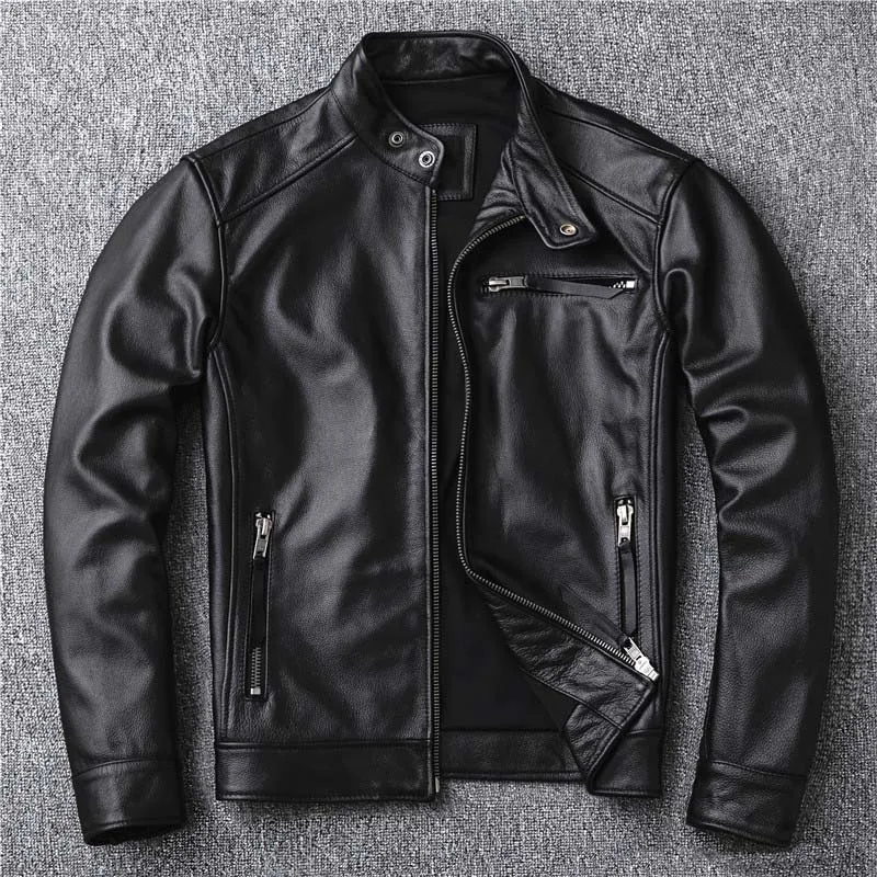 black Мужская куртка из натуральной воловьей кожи размера плюс 4XL, мотоциклетная короткая куртка из натуральной коровьей кожи, приталенная Мужская Осенняя верхняя одежда - Цвет: black