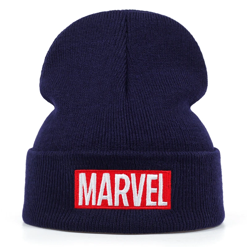 Новинка, головной убор с вышивкой MARVEL, шапка на осень и зиму, модные теплые шерстяные шапки для мужчин и женщин, универсальная крышка, шапки для холодной погоды - Цвет: Тёмно-синий
