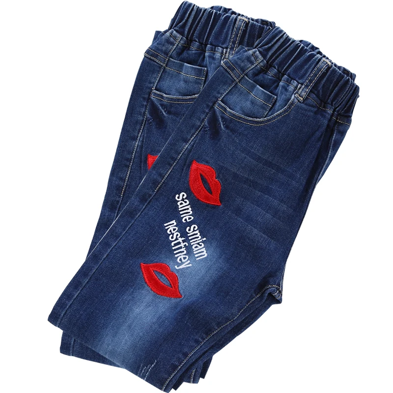 Зимние джинсы для девочек; флисовые джинсы для детей; повседневные плотные теплые брюки с вышивкой для девочек-подростков; синие джинсы с потертостями для малышей от 3 до 12 лет