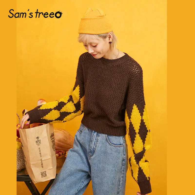 SAM'S TREE coffee, однотонный мохеровый пуловер с вырезами, свитер для женщин, зима, рукав со стразами, вязанный, Повседневный, для офиса, женские топы