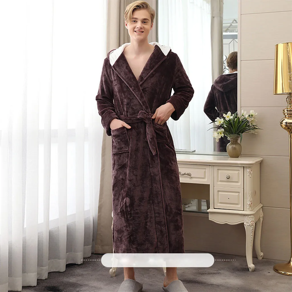 Женские и мужские халаты, фланелевый Халат с капюшоном, длинный рукав, пара, унисекс, халат, плюшевая шаль, кимоно, теплый мужской халат, пальто#4