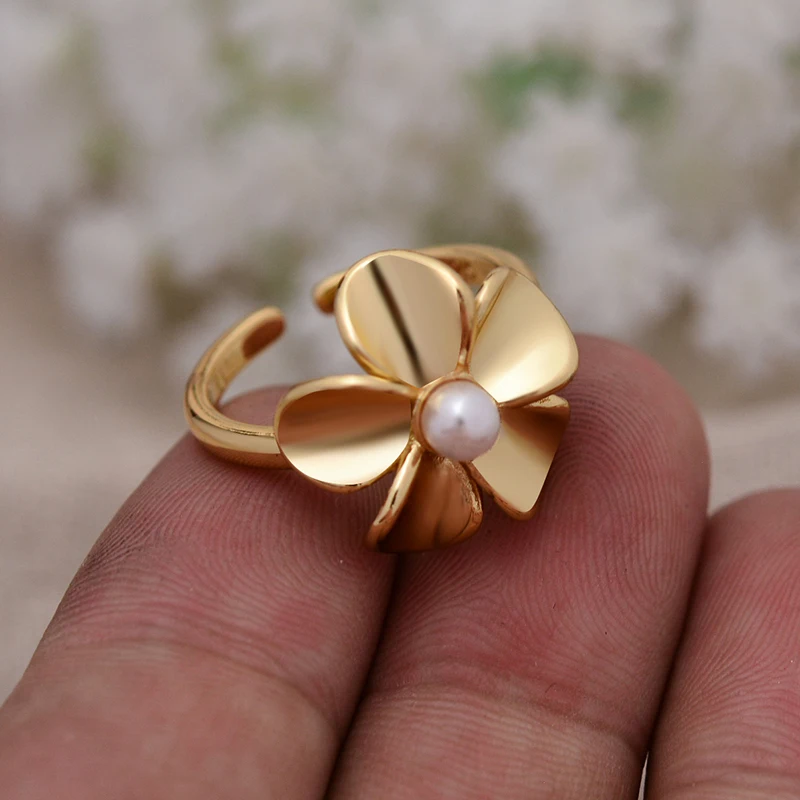 Yellow Gold Color Pearl Flower Ladies Engagement Ring for Women Gift No Fade wedding rings gold rings