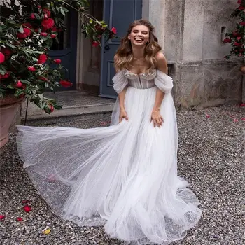 

Full Tulle Sweetheart Detachable Train Long A-line Puff Sleeve Plus Size Wedding Dress Casamento Beaded Vestidos De Novia 2020