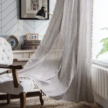 

Brown Plaid Curtains Tassel Window Drapes Cotton Linen Kitchen Curtain Country Style Window Decor Living Room
