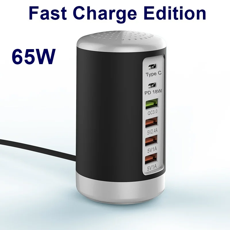 Tongdaytech 65 Вт USB быстрое зарядное устройство концентратор Быстрая зарядка QC3.0 мульти 6 портов usb type C PD зарядное устройство зарядная станция Каррегадор порт atil - Тип штекера: 65W Black