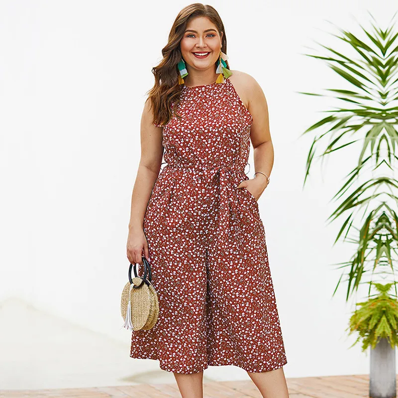 

2020 New Spring Summer Plus Size Lace Up Jumpsuits Women Calf-length Pants Casual Dot Print Jumpsuits
