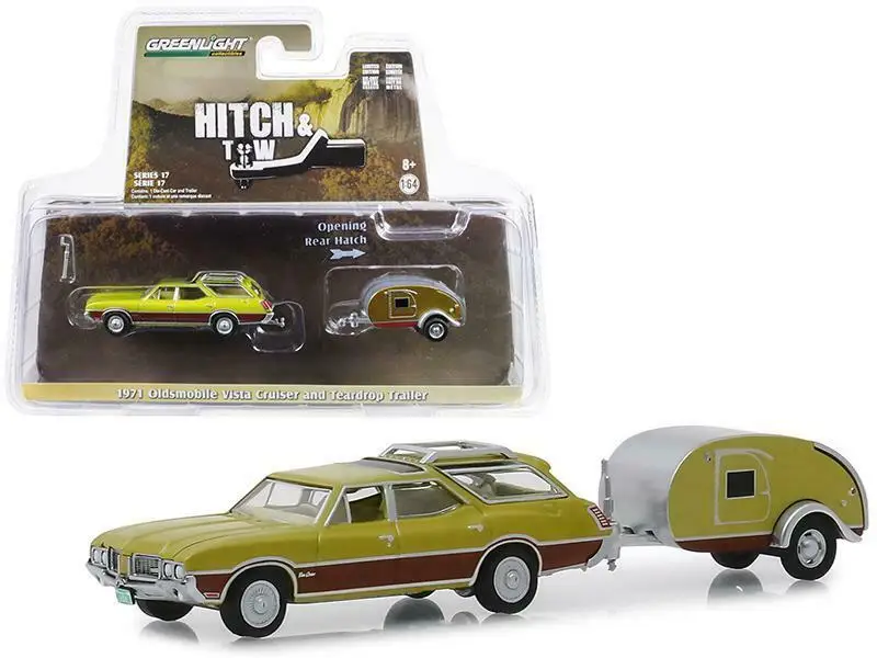 GL 1: 64 1971 Olds mobile Vista Cruiser и Teardrop дорожный прицеп сплав модель автомобиля литой под давлением металлические игрушки подарок на день рождения для детей мальчиков