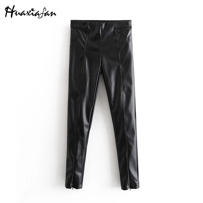 Huaxiafan, женские брюки, новые модные осенние женские брюки из искусственной кожи с высокой талией, обтягивающие теплые флисовые брюки-карандаш из искусственной кожи
