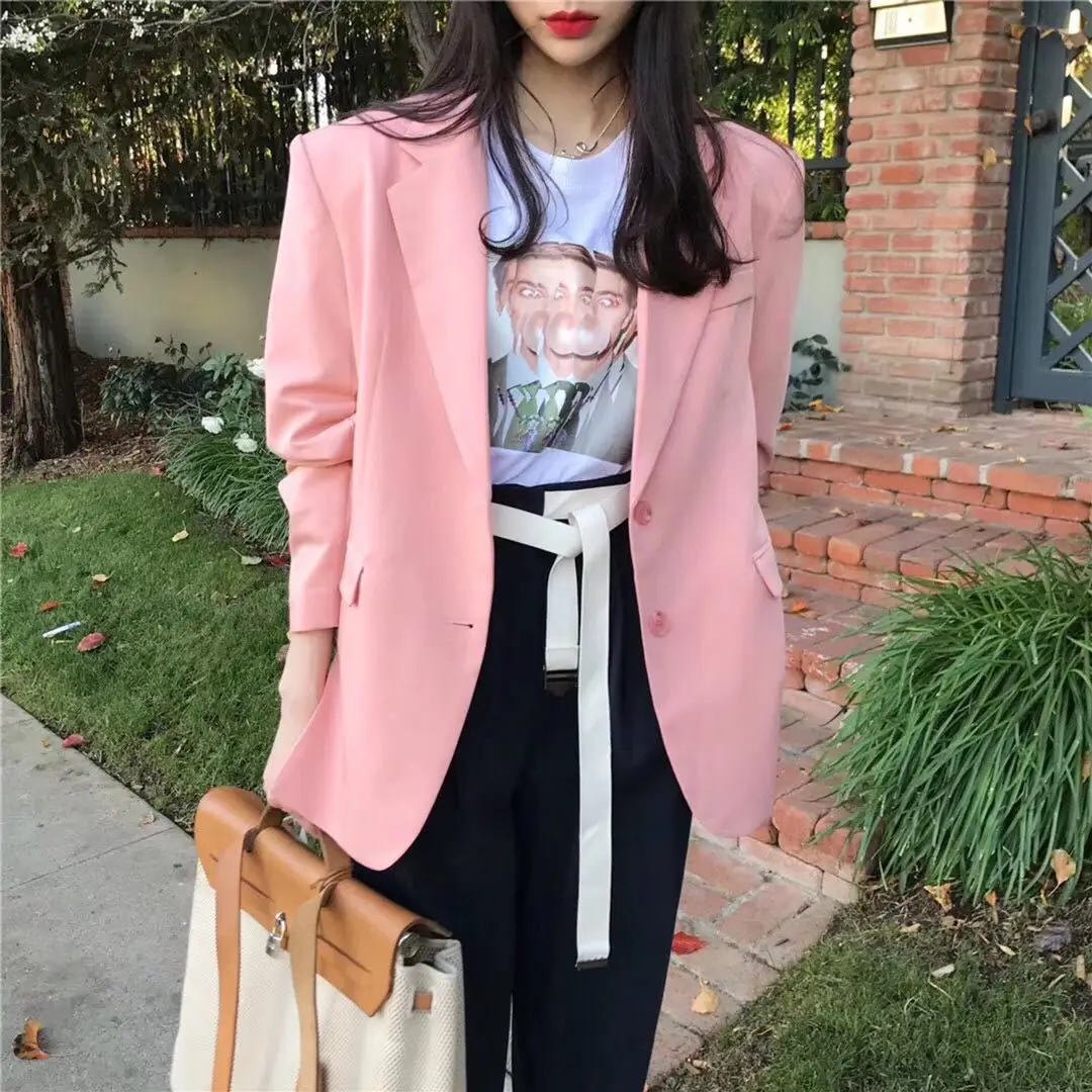 

2019 Spring New Style Fluorescent Pink Net Surface Solid Color V-neck Business-Style by Age Suit Jacket