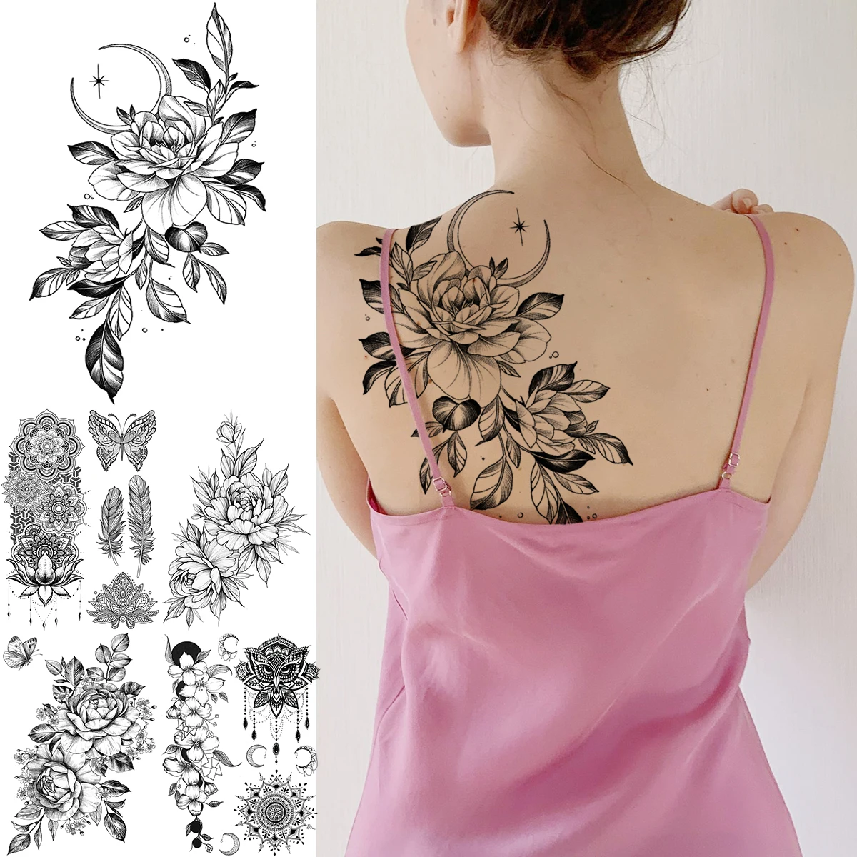 

Black Peony Flower Moon Back Temporary Tattoos For Women Adult Thigh Sexy Realistic Fake Tattoo Sexy Washable Tatoos Decal