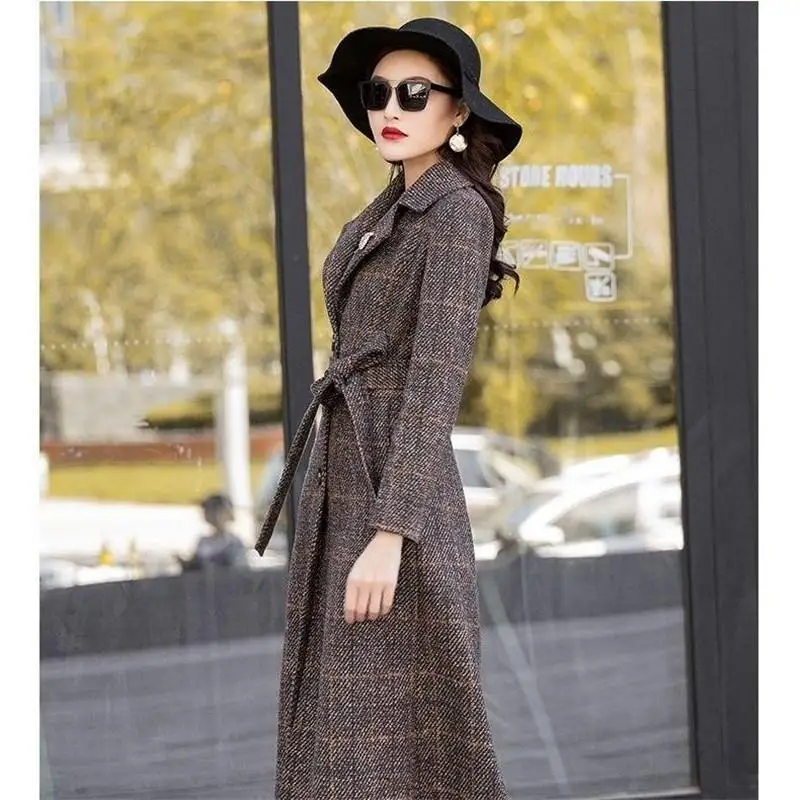 New Autumn Winter Woman Vintage Slim X-Long Plaid Sashes Wool Blend Coat Female Woolen Outwear Abrigos Mujer Invierno R299