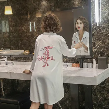 

Caiyier Summer Silk Women Nightgown White Turn-down Collar Sexy Sleepshirt Pink Cheetah Ladies Long Sleeve Sleepwear Nightdress