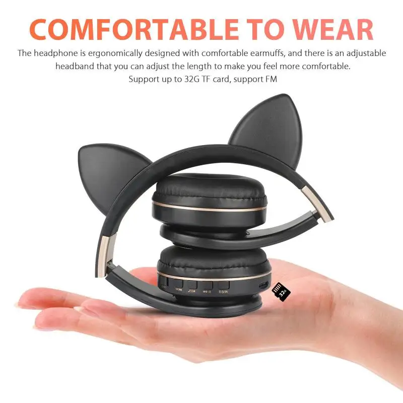 Cute Cat Ears LED Flashing Headphones Bluetooth 5 0 Young People Kids Headset Support TF Card 3 5mm Plug With Mic FM