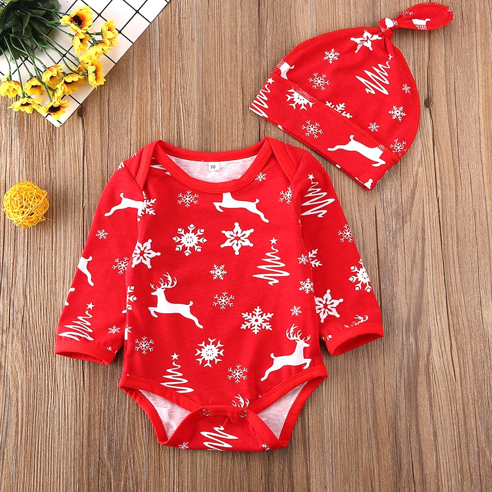 Emmababy одежда с рисунком оленя для новорожденных мальчиков и девочек комбинезон с длинными рукавами, круглым вырезом и цветочным принтом+ шапка, осенняя Рождественская одежда