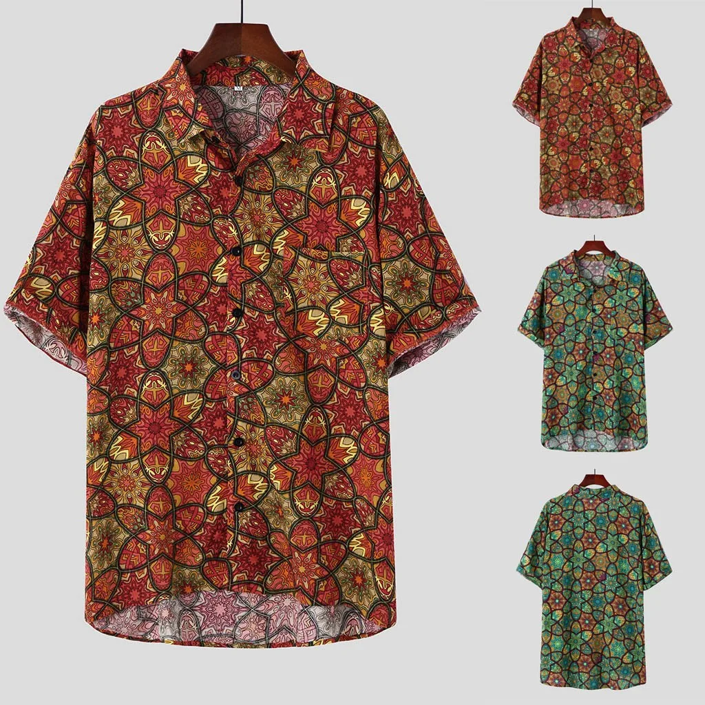 

Mens Ethnic Printed Stand Collar Colorful Stripe Short Sleeve Loose Shirt buttontshirt casualblouse Collar Colorful Fashion