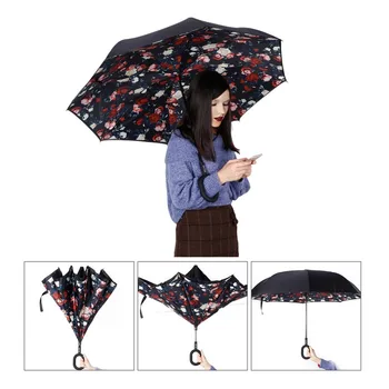 

Double Layer Inverted Reverse Umbrella Elover Windproof UV Protect Big Straight Umbrella for Car Rain Outdoor C-Shaped Handle