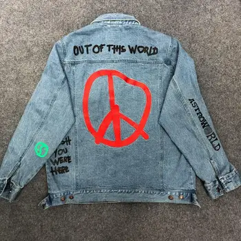 

19ss Travis Scott Astroworld Jacket graffiti 1:1 Jean Jackets Embroidery Denim Couples Streetwear hip hop Astroworld Coats Men